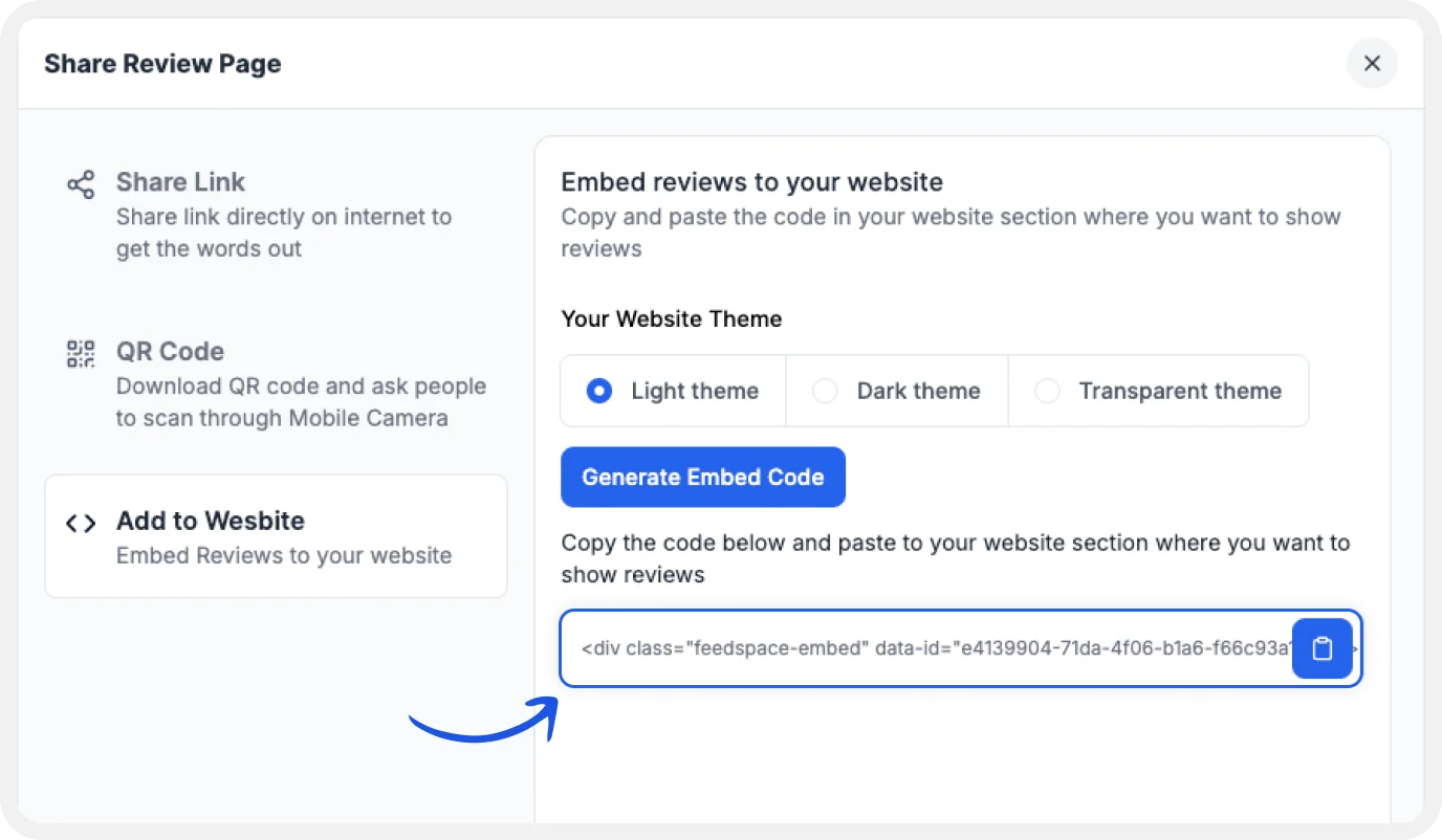Select Add to website and Copy the generated code