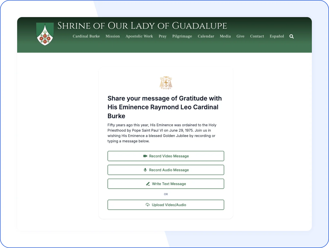 Shrine of Our Lady of Guadalupe feedback form for collecting wishes and prayers for His Eminence’s Golden Jubilee