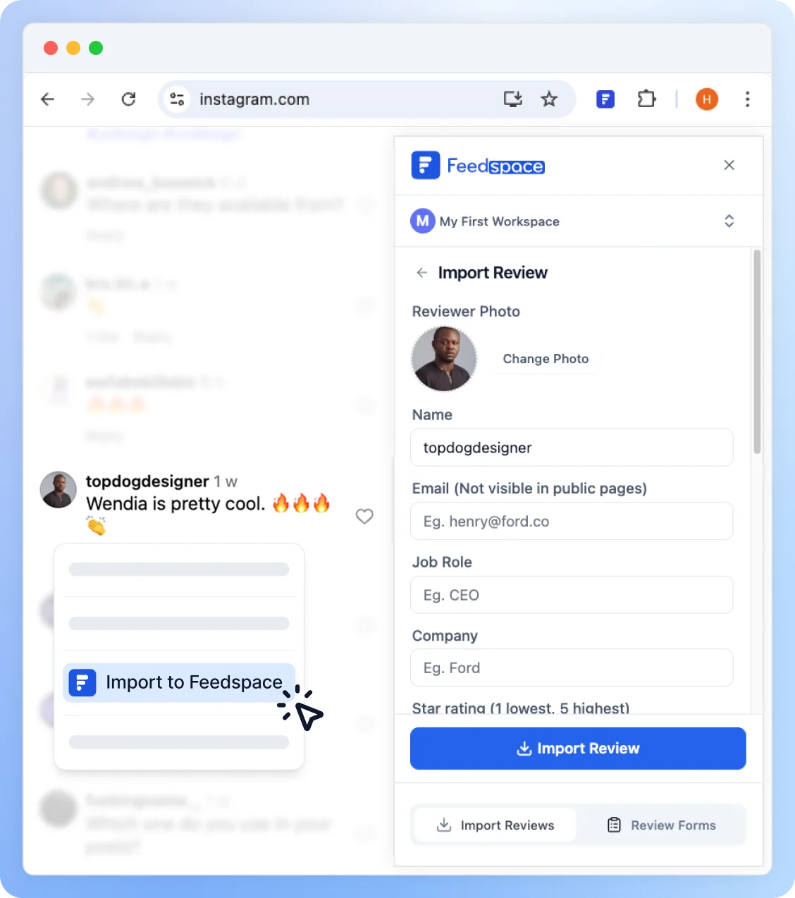 Feedspace Chrome Extension interface preview with review import